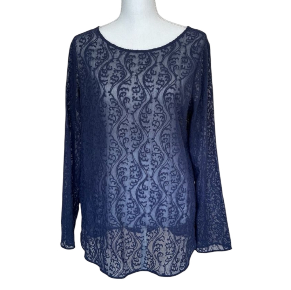 LOFT Navy Blue Sheer Lace Long Sleeve Top